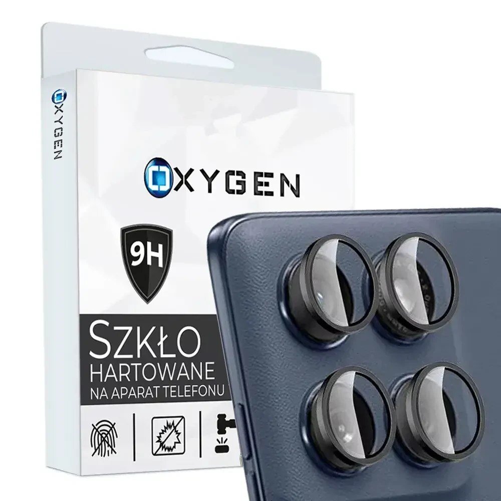 Opakowanie produktu z logo OXYGEN i napisem \'Szkło hartowane na aparat telefonu\'. Obok widoczny jest telefon z czterema soczewkami ochronnymi na aparacie.