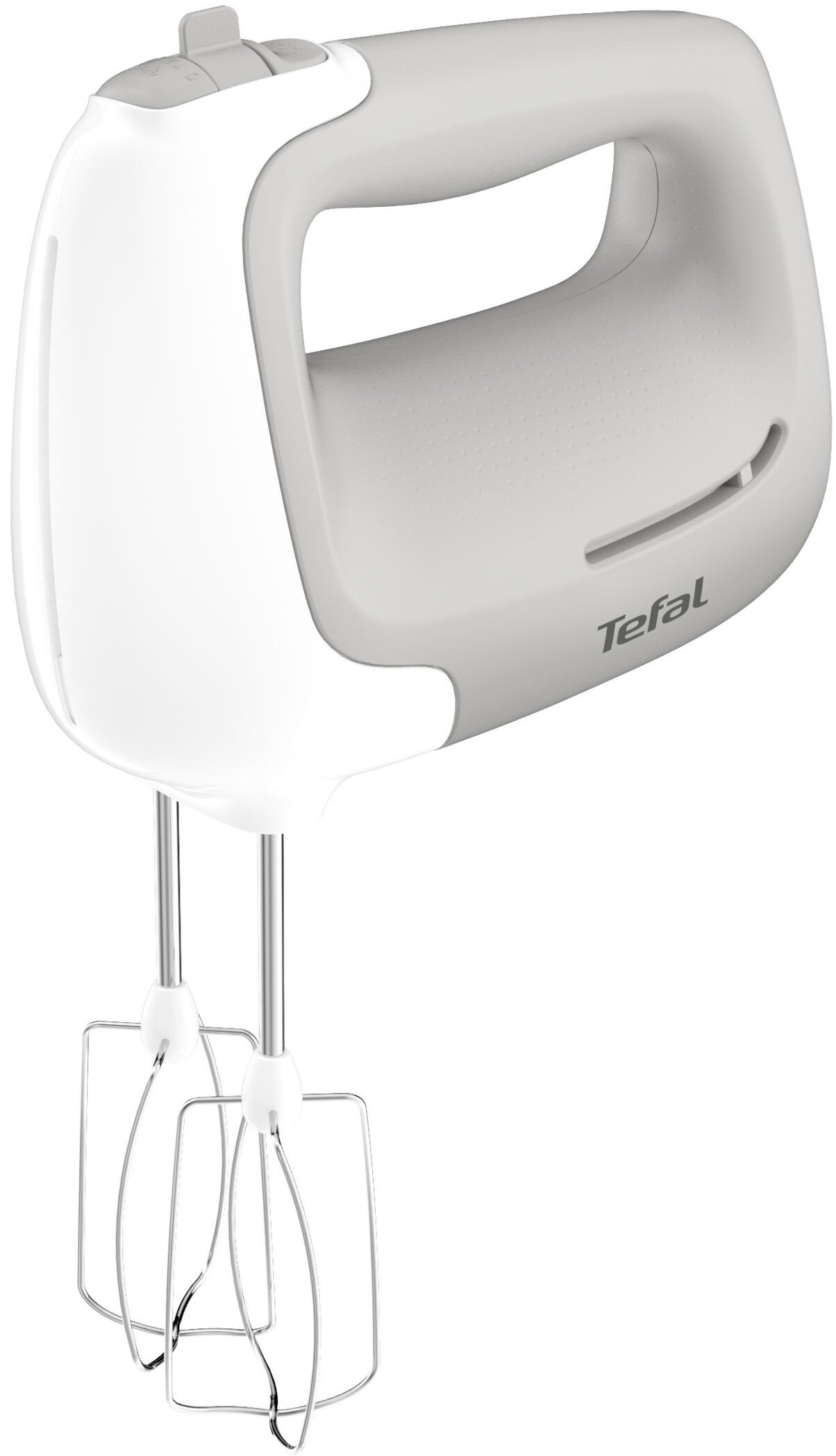 Na obrazie widoczny jest biało-szary mikser ręczny z dwoma metalowymi mieszadłami. Na obudowie znajduje się logo \'Tefal\'.