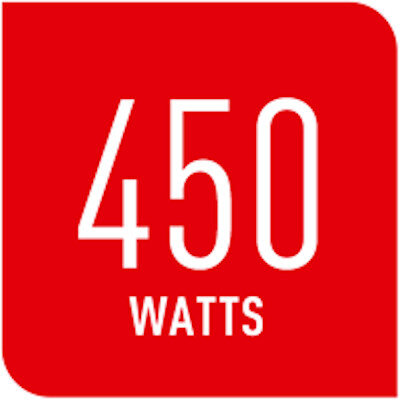 Czerwony kwadrat z białym napisem \'450 WATTS\'.