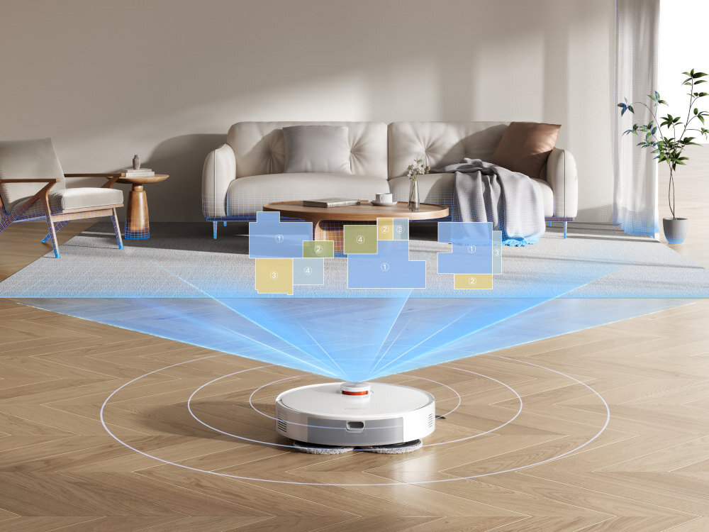 Na drewnianej podłodze w salonie znajduje się biały robot sprzątający z widocznymi niebieskimi liniami symulującymi skanowanie przestrzeni. W tle widać sofę, stolik kawowy i roślinę w doniczce.