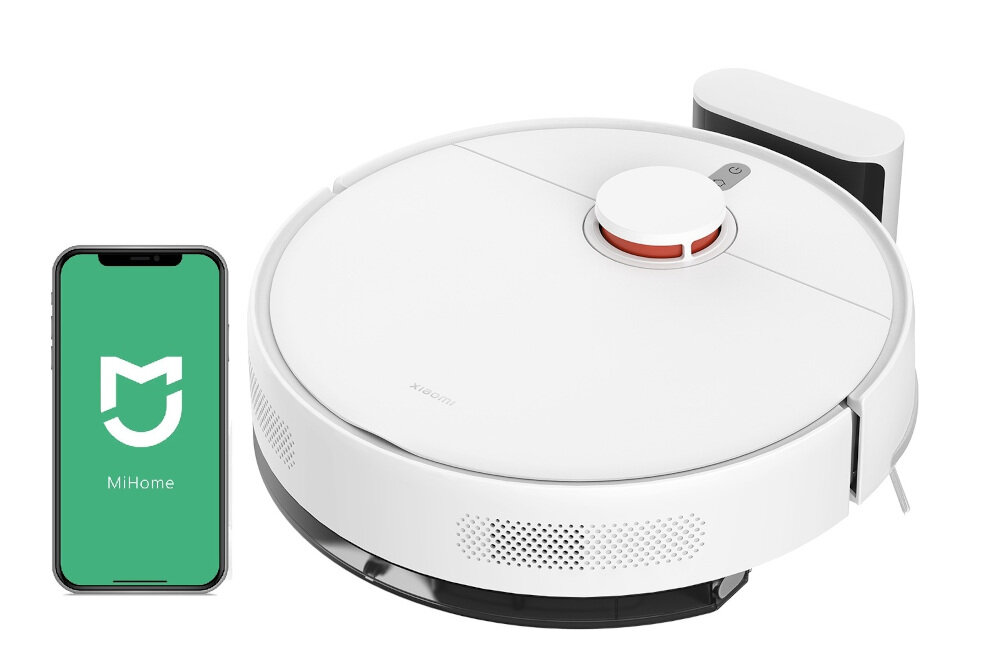 Na obrazie widoczny jest biały robot sprzątający z okrągłym kształtem oraz smartfon z zielonym ekranem i logo \'MiHome\'.