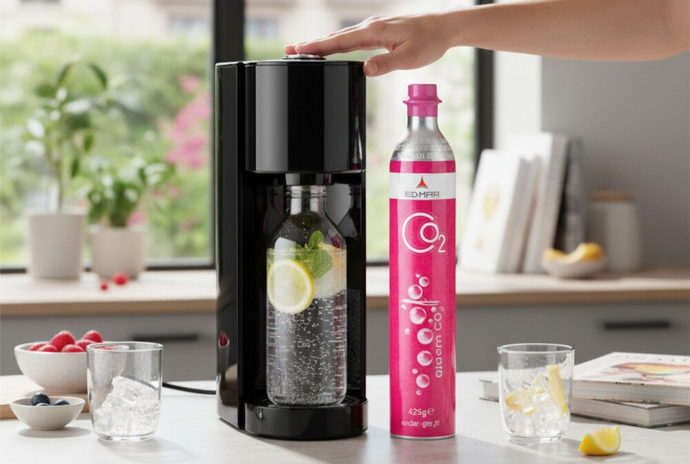 Na blacie kuchennym stoi czarny ekspres do wody gazowanej z logo \'sodastream\', obok którego znajduje się różowy nabój CO2 marki \'EDMAR\'. W tle widać szklanki z napojem i owocami oraz książki kucharskie.