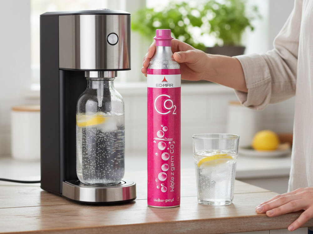 Wymiana naboju EDMAR EDM02 CO2 CQC  - gaz spożywczy oryginalny z atestem zdjęcie lifestyle Kompatybilność z saturatorami SodaStream Art, Duo i Terra