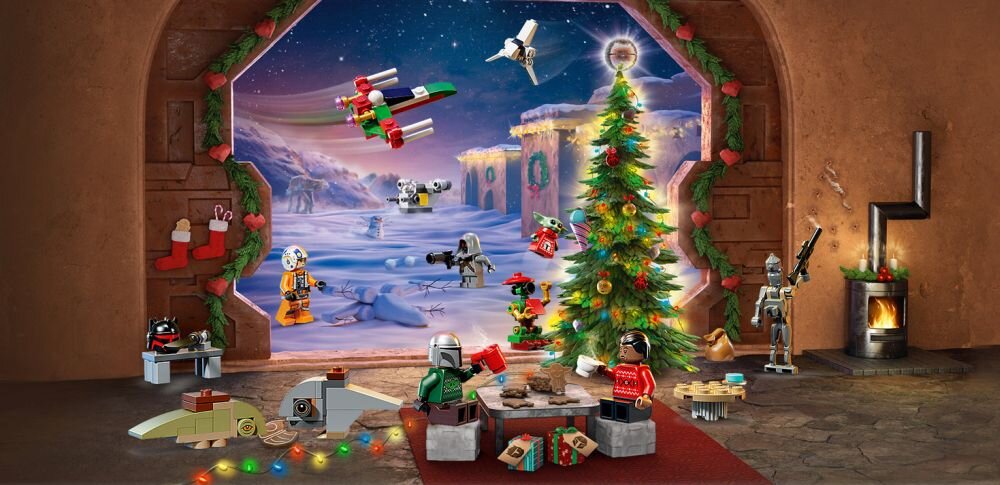 Obraz przedstawia scenę z zestawem LEGO, w której znajdują się figurki i modele związane z tematyką Star Wars, ustawione wokół choinki. W tle widoczny jest zimowy krajobraz z dekoracjami świątecznymi.