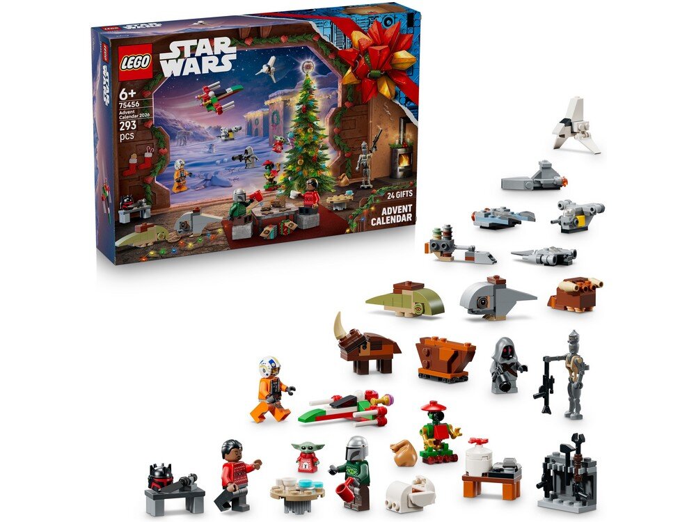 Na obrazie widoczny jest zestaw LEGO Star Wars Kalendarz adwentowy z 2026 roku, zawierający 293 elementy. Przed pudełkiem znajdują się różne miniaturowe modele i figurki związane z tematyką Star Wars.