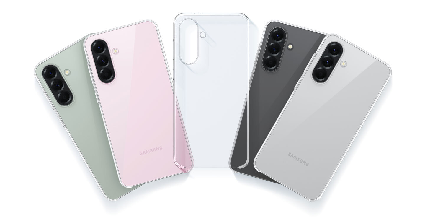 Na obrazie widoczne są cztery smartfony w różnych kolorach: zielonym, różowym, czarnym i białym, z przezroczystym etui. Każdy telefon ma trzy obiektywy aparatu z tyłu.