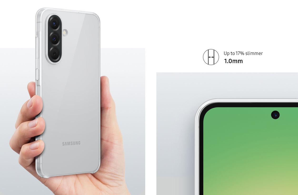Przezroczyste etui na telefon trzymane w dłoni, z widocznym logo Samsung. Obok znajduje się grafika z napisem \'Up to 17% slimmer 1.0mm\'.