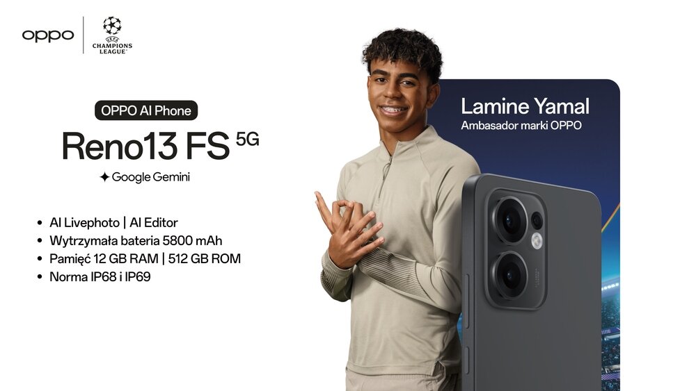 Obraz przedstawia smartfon OPPO Reno 13 FS 5G z dużym ekranem i podwójnym aparatem. Obok telefonu znajduje się osoba oraz tekst: \'Lamine Yamal Ambasador marki OPPO\'.