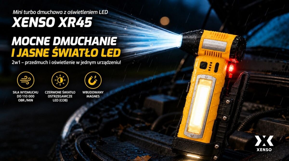 Dmuchawa wielofunkcyjna XENSO XR45 Żółto-czarny, powietrze, elektronika, szczeliny, bezpieczne, Dmuchawa XENSO XR45 z mocnym strumieniem powietrza i światłem LED.