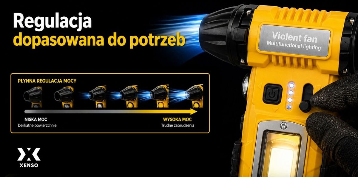 Dmuchawa wielofunkcyjna XENSO XR45 Żółto-czarny, moc, regulacja, intensywność, kontrola, Suwak płynnej regulacji mocy nadmuchu w urządzeniu XENSO XR45.