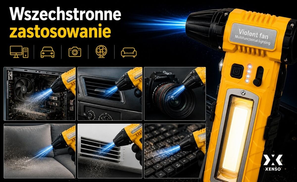 Dmuchawa wielofunkcyjna XENSO XR45 Żółto-czarny, komputer, samochód, domowe, serwisowe, Przykłady użycia dmuchawy XENSO do czyszczenia elektroniki i mebli.