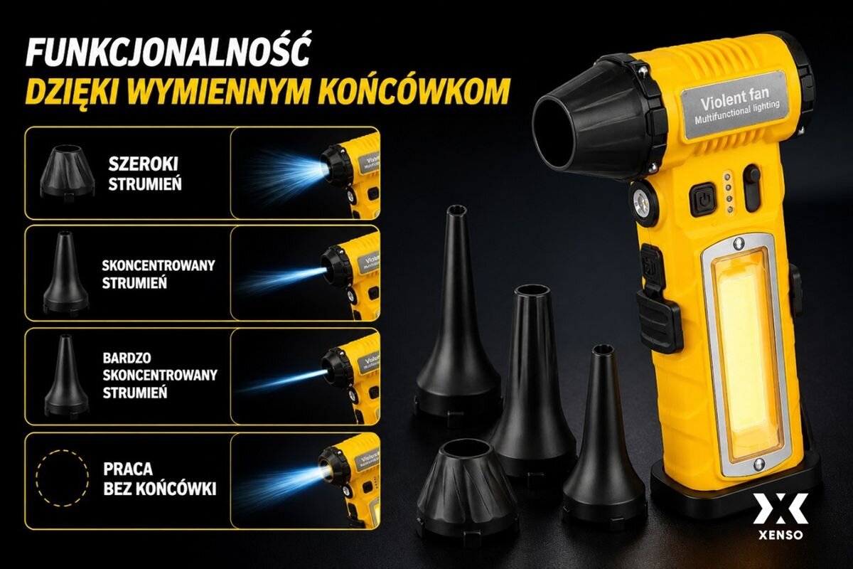 Dmuchawa wielofunkcyjna XENSO XR45 Żółto-czarny, końcówki, strumień, nadmuchu, dopasowanie, Cztery wymienne końcówki do dmuchawy XENSO XR45 o różnym strumieniu.