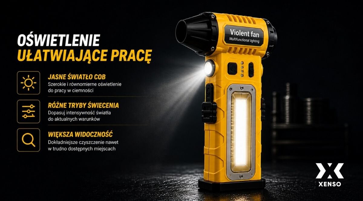 Dmuchawa wielofunkcyjna XENSO XR45 Żółto-czarny, LED, COB, widoczność, tryby, Dmuchawa XENSO XR45 z jasnym światłem latarki i panelu bocznego COB.