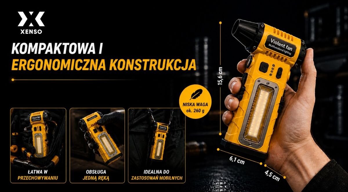 Dmuchawa wielofunkcyjna XENSO XR45 Żółto-czarny, wymiary, waga, jedna ręka, przechowywanie, Kompaktowa dmuchawa XENSO XR45 o wadze 260 g trzymana w dłoni.