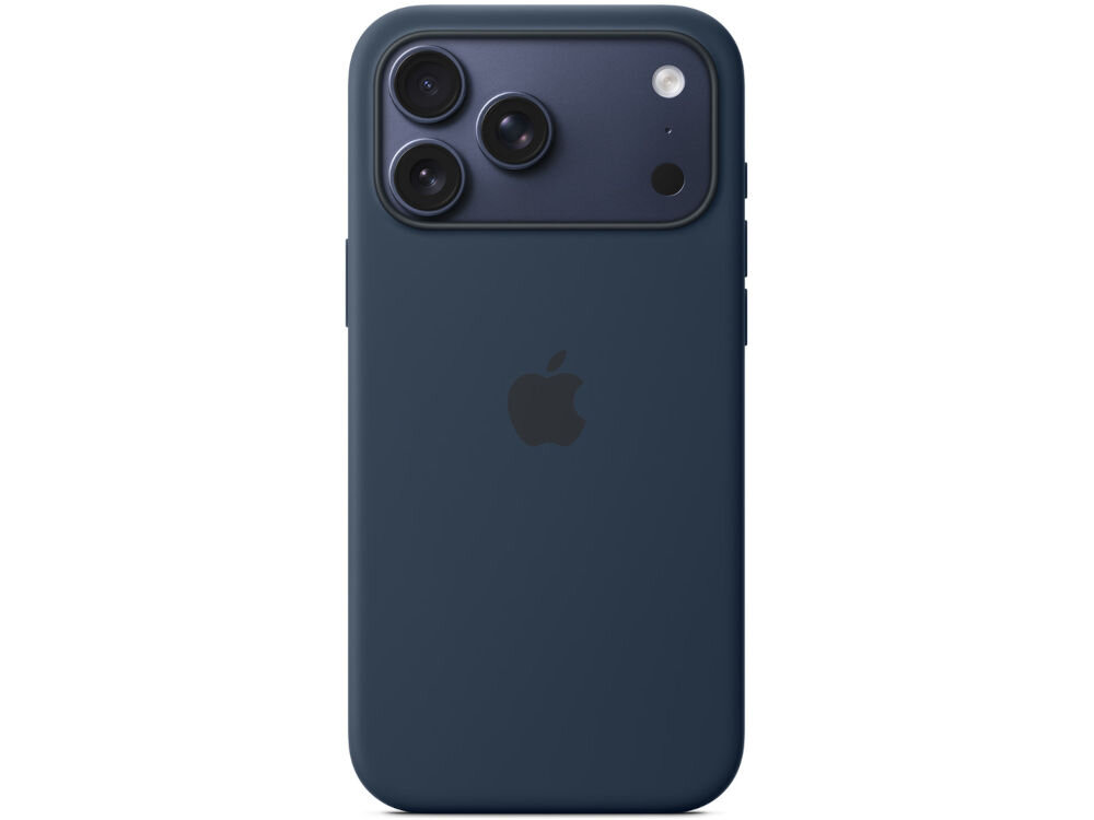 Na obrazie widoczne jest ciemnoniebieskie etui na telefon z trzema dużymi obiektywami aparatu i logo w kształcie nadgryzionego jabłka. Etui ma gładką powierzchnię i otwory na aparat oraz inne elementy telefonu.