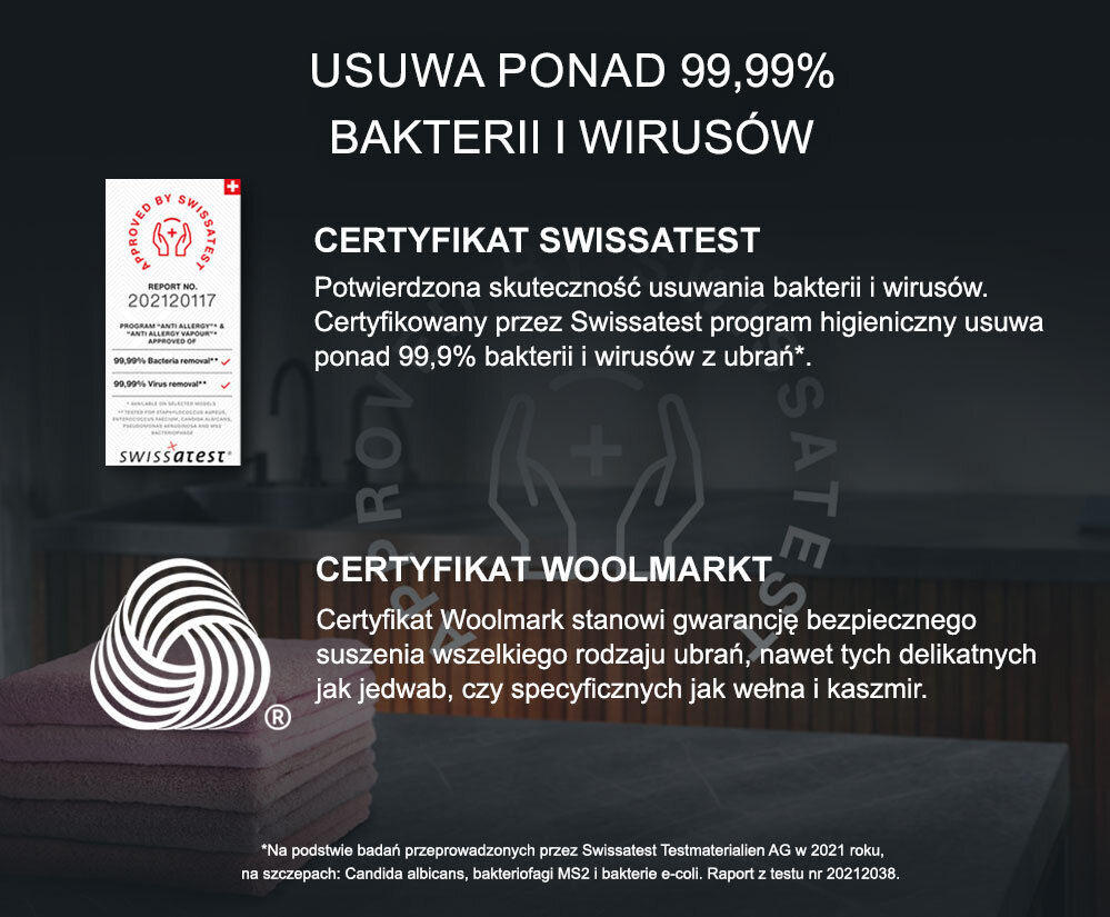Obraz przedstawia tekst informujący o usuwaniu ponad 99,99% bakterii i wirusów oraz certyfikatach Swissatest i Woolmark. Widoczne są również logo Swissatest i symbol Woolmark na tle ręczników.