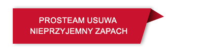 Czerwona wstążka z białym napisem: \'PROSTEAM USUWA NIEPRZYJEMNY ZAPACH\'.