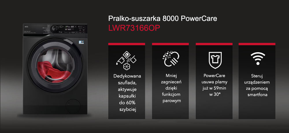 Obraz przedstawia pralko-suszarkę z serii 8000 PowerCare z widocznym bębnem i czerwonym materiałem wewnątrz. Obok znajdują się cztery ikony z tekstami: \'Dedykowana szuflada, aktywuje kapsułki do 60% szybciej\', \'Mniej zagnieceń dzięki funkcjom parowym\', \'PowerCare usuwa plamy już w 59min w 30°\', \'Steruj urządzeniem za pomocą smartfona\'.