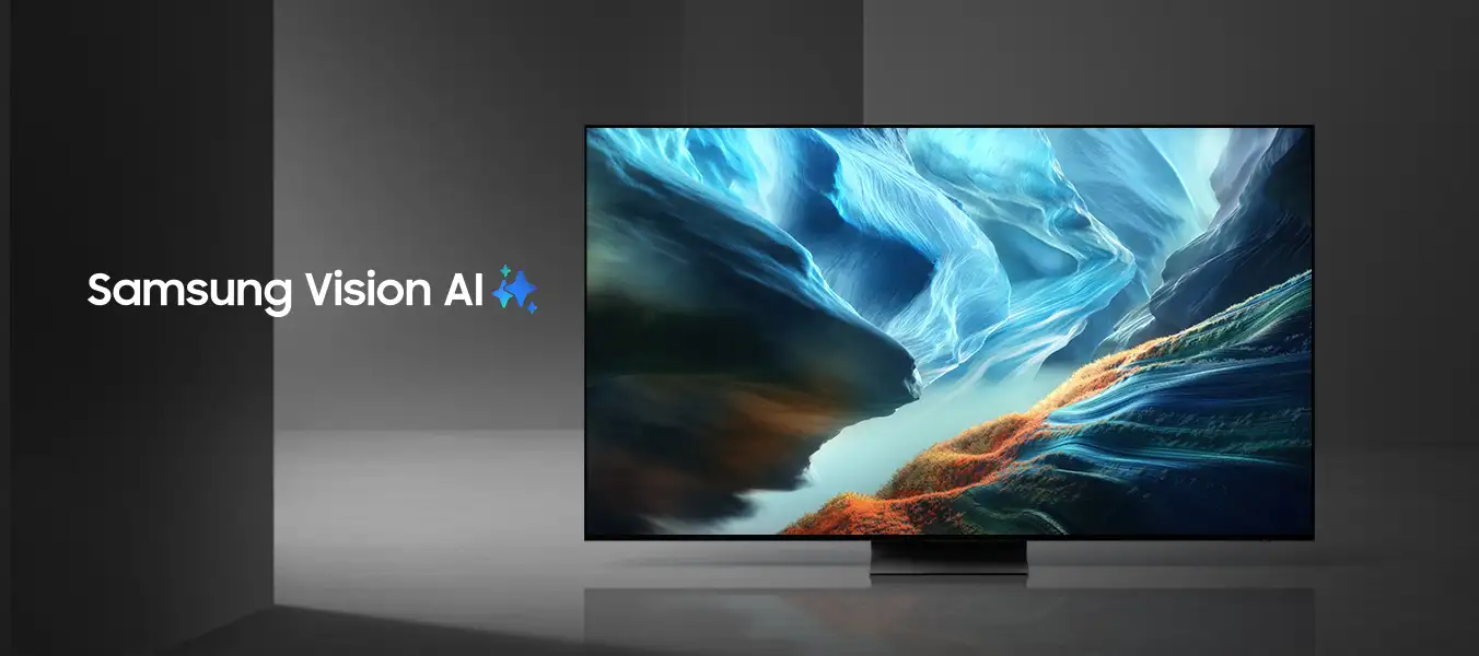 2026-oled-kv-pc-start 1352x600 Telewizor wyświetla kolorowy obraz z abstrakcyjnymi wzorami. Obok widoczny jest napis \'Samsung Vision AI\'.