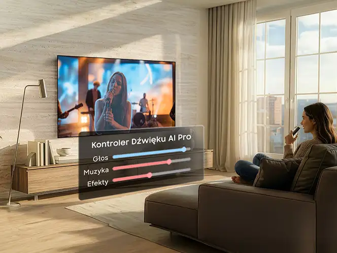 2026-ai-sound-controller-pro-syn 664x498 W salonie na ścianie wisi telewizor, na którym wyświetlany jest koncert. Na ekranie widoczny jest interfejs z napisem \'Kontroler Dźwięku AI Pro\' oraz suwakami: \'Głos\', \'Muzyka\', \'Efekty\'.