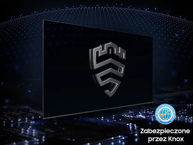 2026-samsung-knox-security 664x498 Na obrazie widoczny jest telewizor z wyświetlonym na ekranie symbolem przypominającym tarczę. W prawym dolnym rogu znajduje się tekst \'Zabezpieczone przez Knox\' oraz okrągłe logo z napisem \'UL ECOLOGO Certified\'.