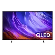 Telewizor z wyświetlaczem OLED, na ekranie widoczne abstrakcyjne, kolorowe wzory w odcieniach fioletu i pomarańczu. Na ekranie znajduje się napis \'OLED\'.