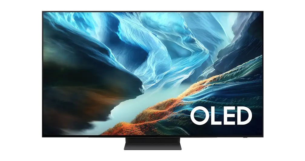 qn83s90haexza 001 front graphite-black 1008x534 Telewizor z wyświetlaczem OLED pokazuje abstrakcyjny obraz w odcieniach niebieskiego i pomarańczowego. Na ekranie widoczny jest napis \'OLED\'.