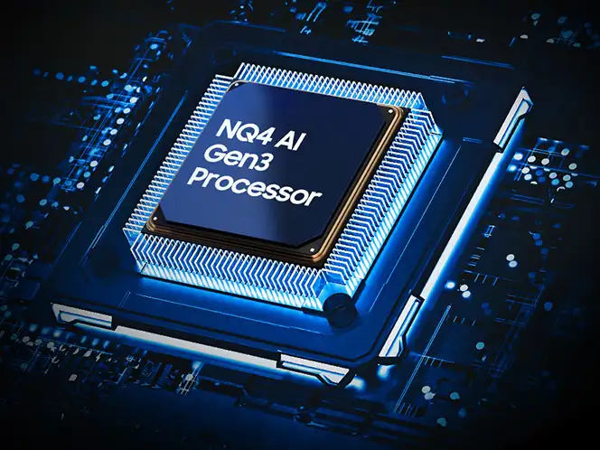 Obraz przedstawia procesor z napisem \'NQ4 AI Gen3 Processor\' na tle schematu elektronicznego. Procesor jest podświetlony na niebiesko.