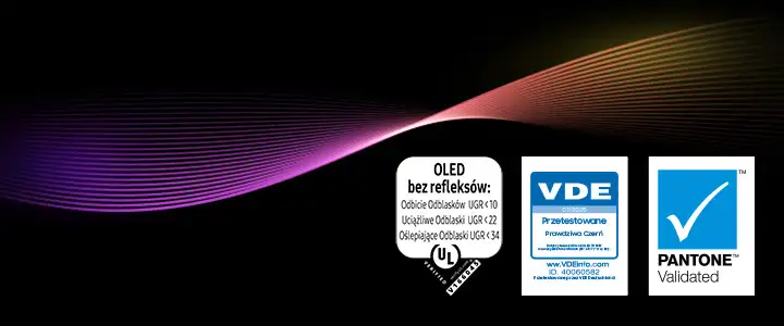 Obraz przedstawia gradientowe tło w odcieniach fioletu i pomarańczu oraz trzy certyfikaty: \'OLED bez refleksów\', \'VDE Przetestowane\', \'PANTONE Validated\'.