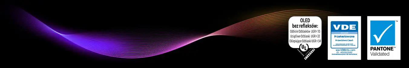 Obraz przedstawia falę w odcieniach fioletu na czarnym tle oraz trzy prostokątne znaki. Pierwszy znak zawiera tekst \'OLED bez refleksów: Odbicie Odblasków UGR < 10 Uciążliwe Odblaski UGR < 22 Oślepiające Odblaski UGR < 34\', drugi znak to \'VDE Przetestowane Prawdziwa Czerń\', a trzeci to \'PANTONE Validated\'.