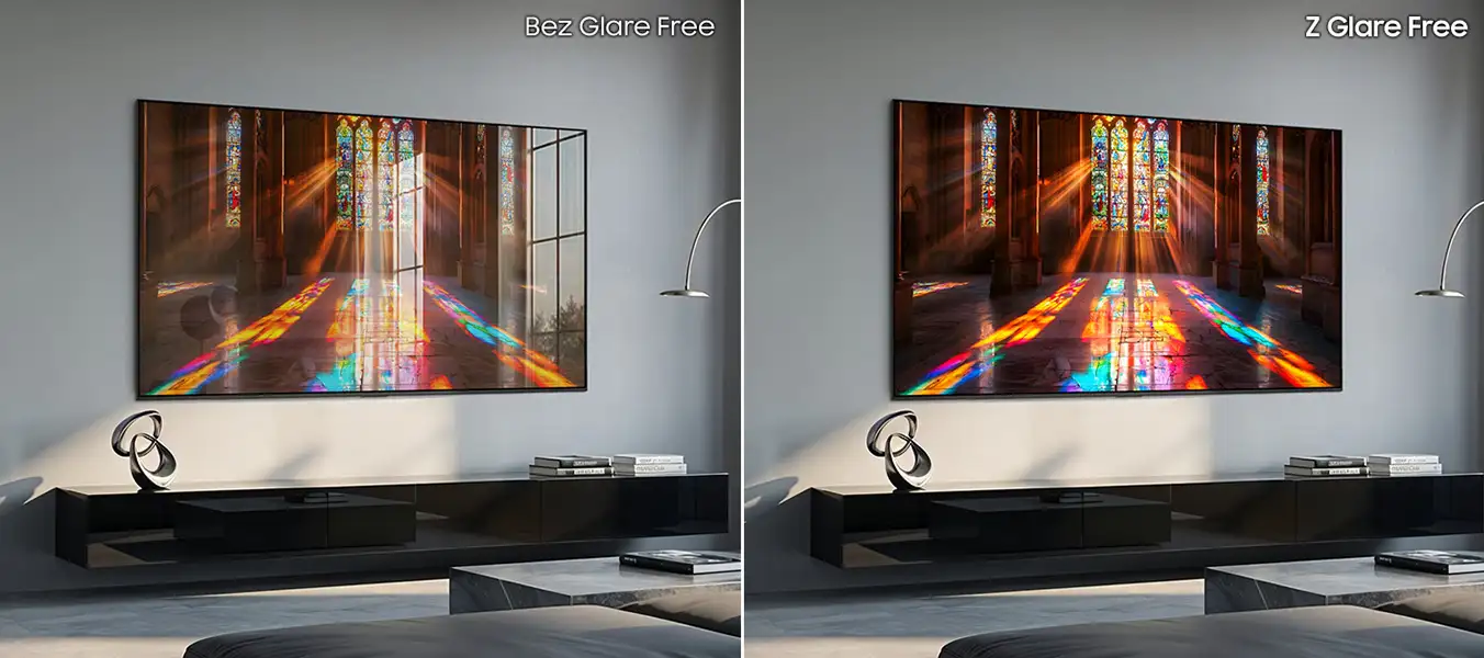 Obraz przedstawia dwa telewizory wyświetlające kolorowe witraże w pomieszczeniu. Po lewej stronie widoczny jest napis \'Bez Glare Free\', a po prawej \'Z Glare Free\'.