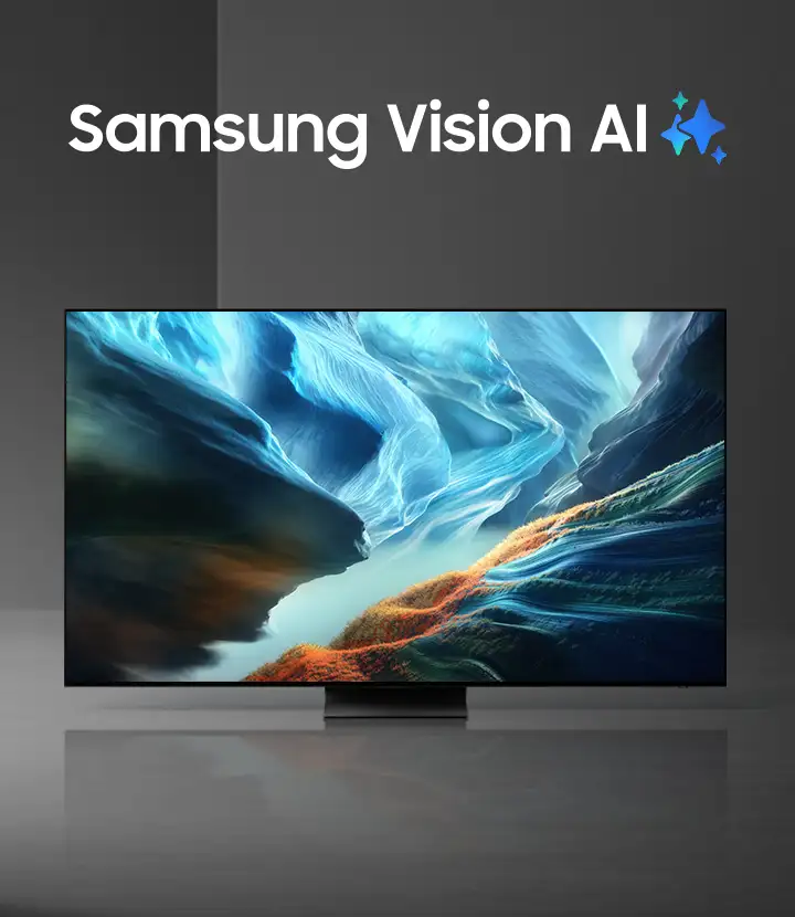 Telewizor z wyświetlaczem prezentującym abstrakcyjny, kolorowy wzór. Nad ekranem widoczny jest napis \'Samsung Vision AI\'.