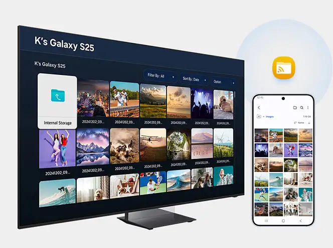 Na obrazie widać telewizor wyświetlający galerię zdjęć z podpisem \'K\'s Galaxy S25\' oraz smartfon z podobnym widokiem galerii. Obok znajduje się ikona z symbolem przesyłania danych.