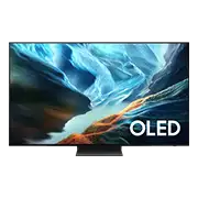 Telewizor z wyświetlaczem OLED pokazujący abstrakcyjny obraz w odcieniach niebieskiego i pomarańczowego. Na ekranie widoczny jest napis \'OLED\'.
