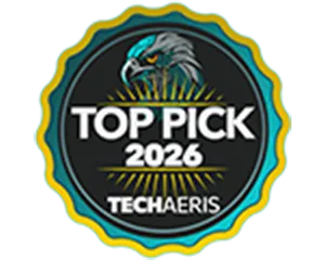 Odznaka z napisem \'TOP PICK 2026 TECHAERIS\' z wizerunkiem ptaka na górze.