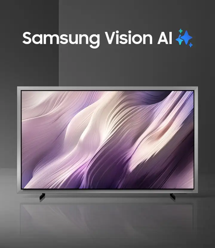 oled s95h kv mo 720x830 Telewizor z wyświetlaczem prezentującym abstrakcyjny wzór w odcieniach fioletu i beżu. Nad ekranem widoczny jest napis \'Samsung Vision AI\' z ikoną błyszczącej gwiazdy.