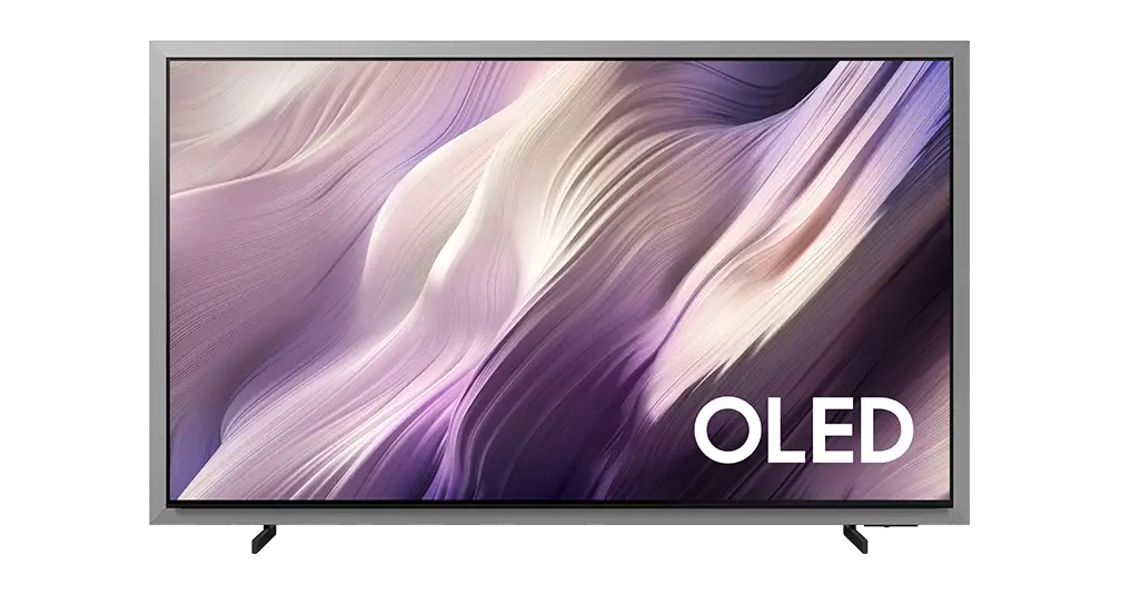 qn65s99hafxza 001 front slate black 1008x534 Telewizor z wyświetlaczem OLED prezentuje abstrakcyjny wzór w odcieniach fioletu i beżu. W prawym dolnym rogu ekranu widoczny jest napis \'OLED\'.
