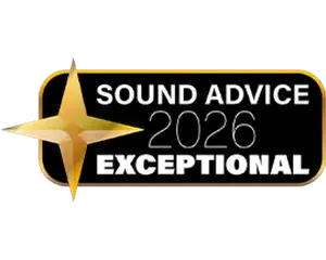 sound advice 2026 exceptional s95h 300x240 Obraz przedstawia czarny prostokąt z napisem \'SOUND ADVICE 2026 EXCEPTIONAL\' oraz złotą gwiazdą po lewej stronie.