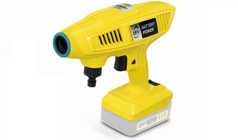 Żółta myjka ciśnieniowa z napisem \'18V BATTERY POWER\' na obudowie. Urządzenie ma czarny uchwyt i szarą podstawę.