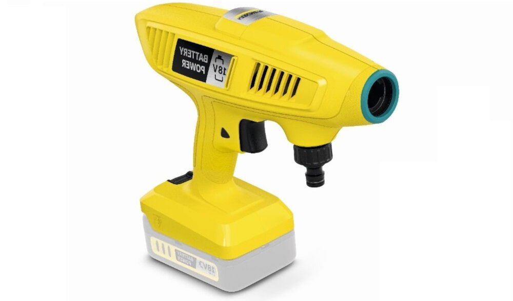 Żółta myjka ciśnieniowa z napisem \'BATTERY POWER 18V\' na obudowie. Urządzenie posiada czarny uchwyt i szary akumulator u podstawy.