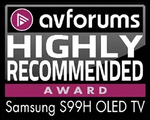 Logo z napisem \'avforums HIGHLY RECOMMENDED AWARD Samsung S99H OLED TV\'.