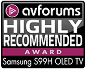 avforums s99h eu only 300x240 Logo z napisem \'avforums HIGHLY RECOMMENDED AWARD Samsung S99H OLED TV\' na czarnym tle.