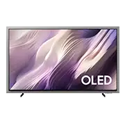 Telewizor z wyświetlaczem OLED, na ekranie widoczne abstrakcyjne wzory w odcieniach fioletu i bieli. W prawym dolnym rogu ekranu znajduje się napis \'OLED\'.