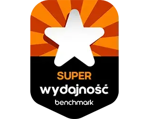 super-wydajnosc-benchmark pl 300x240 Odznaka z białą gwiazdą na pomarańczowym tle z napisem \'SUPER wydajność benchmark\'.