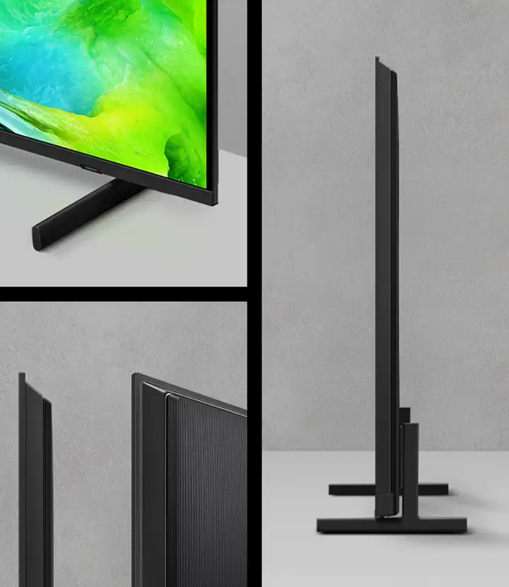 Obraz przedstawia telewizor z cienką ramką i nowoczesnym designem, ustawiony na prostych nóżkach. Ekran wyświetla zielono-niebieskie gradienty, a telewizor ma smukły profil boczny.