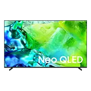 Telewizor z wyświetlaczem prezentującym kolorowy, abstrakcyjny wzór z napisem \'Neo QLED\'.