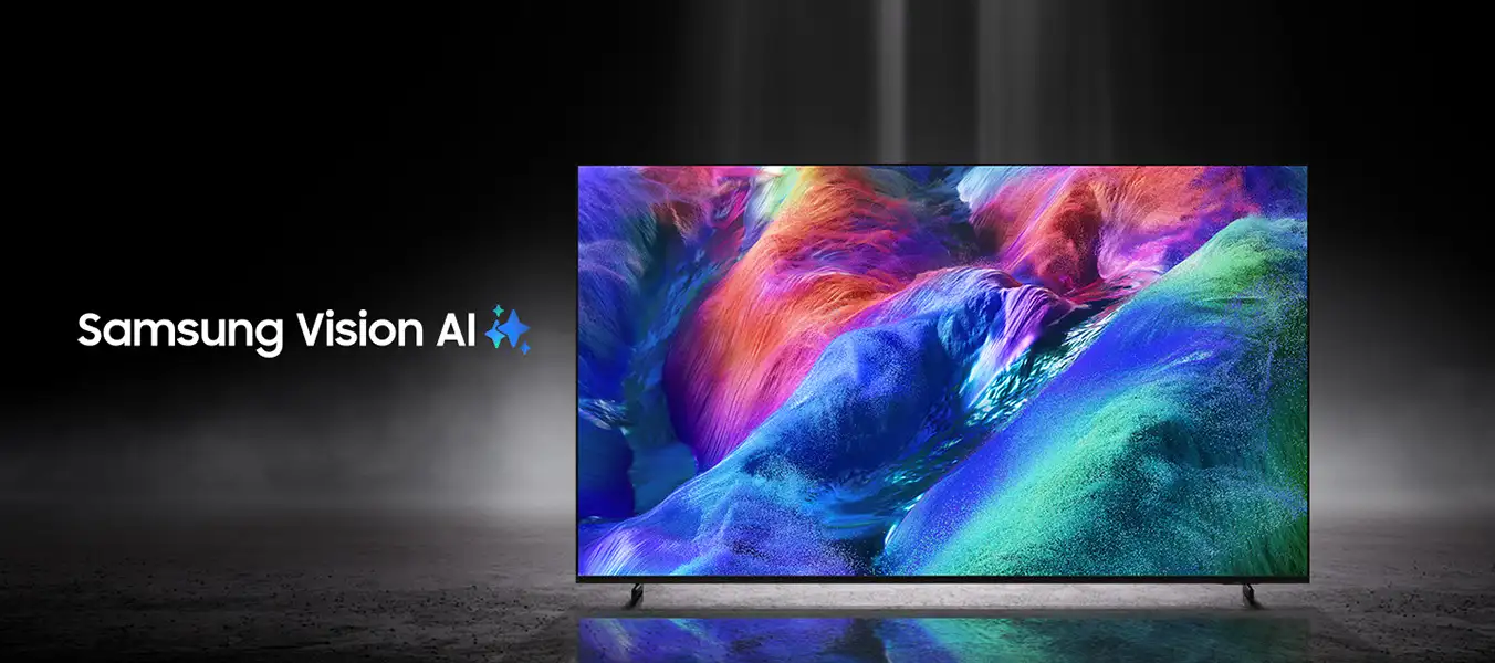 Telewizor wyświetla kolorowy, abstrakcyjny obraz. Obok widoczny jest napis \'Samsung Vision AI\'.