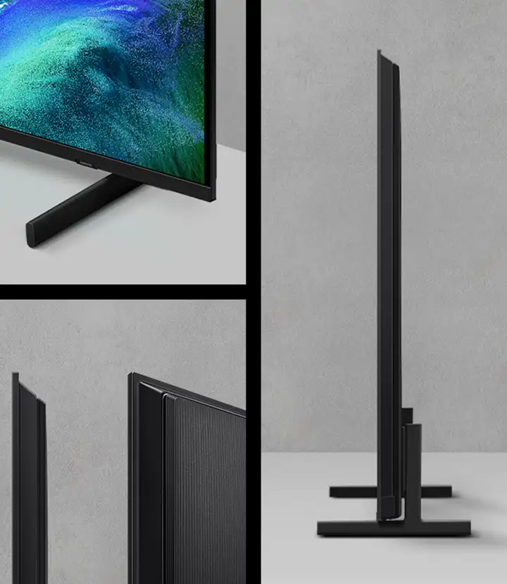 Obraz przedstawia telewizor z cienką ramką i nowoczesnym designem, ustawiony na prostokątnej podstawie. Ekran wyświetla obraz z przewagą zieleni i niebieskiego, a obudowa jest w kolorze czarnym.