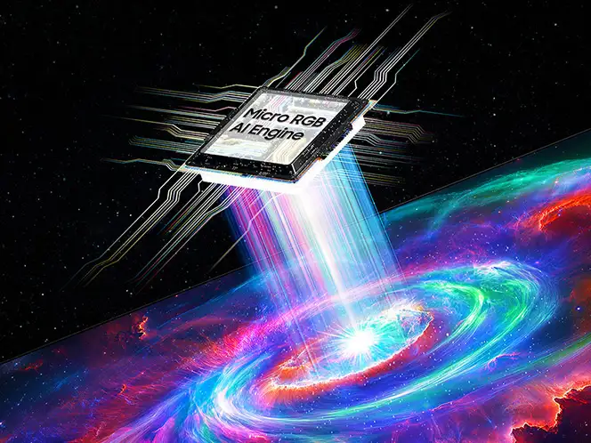 Obraz przedstawia chip z napisem \'Micro RGB AI Engine\', z którego emanują kolorowe promienie w kierunku wirującej, wielobarwnej galaktyki.