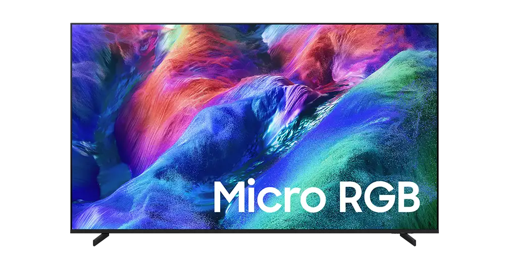 Telewizor z wyświetlaczem prezentującym kolorowy, abstrakcyjny wzór. Na ekranie widoczny jest napis \'Micro RGB\'.